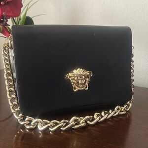 Versace Black and Gold Shoulder Bag with Chain Strap